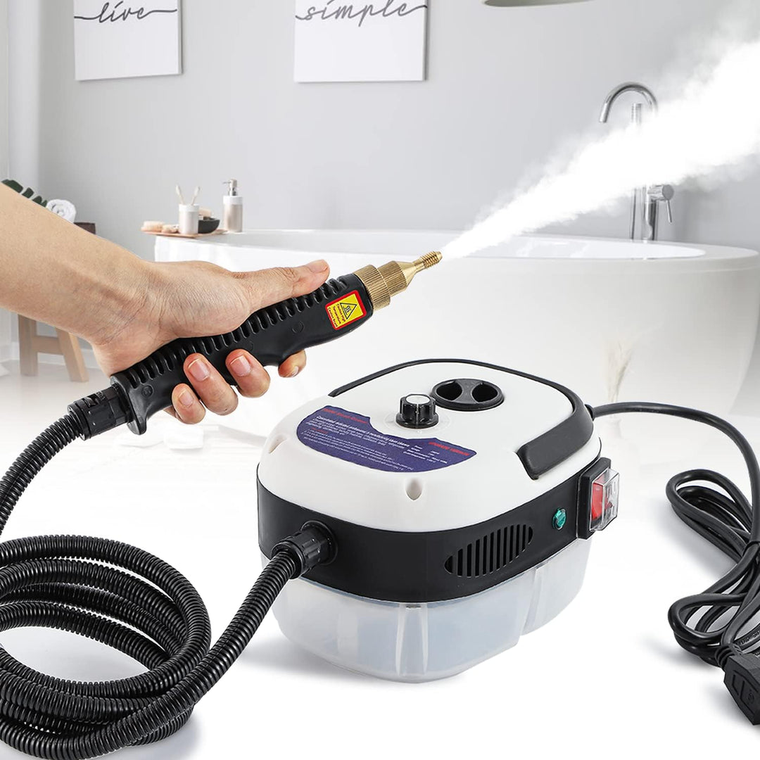 "Handheld steam cleaner, high temp, multi-surface, ergonomic design, suited for home and car use, eco-friendly cleaning."