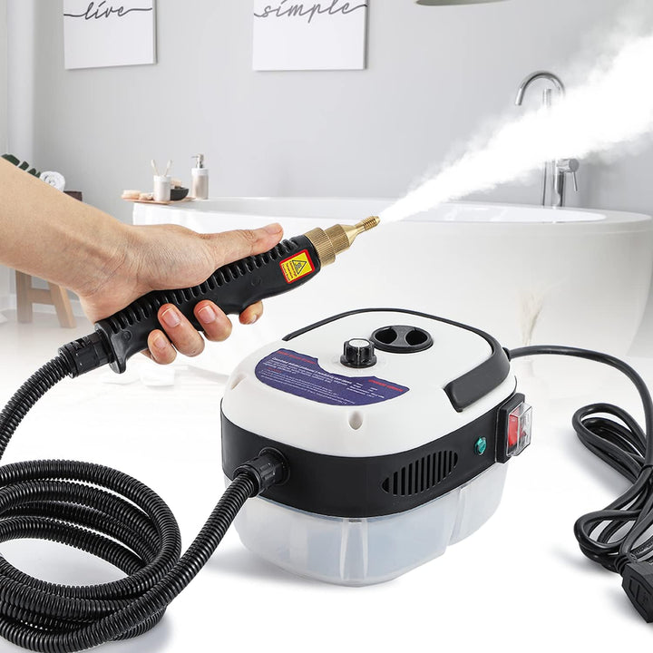 "Handheld steam cleaner, high temp, multi-surface, ergonomic design, suited for home and car use, eco-friendly cleaning."