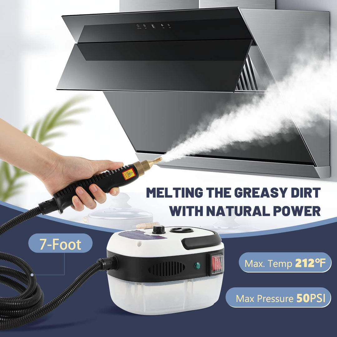 "Handheld steam cleaner, high temp, multi-surface, ergonomic design, suited for home and car use, eco-friendly cleaning."