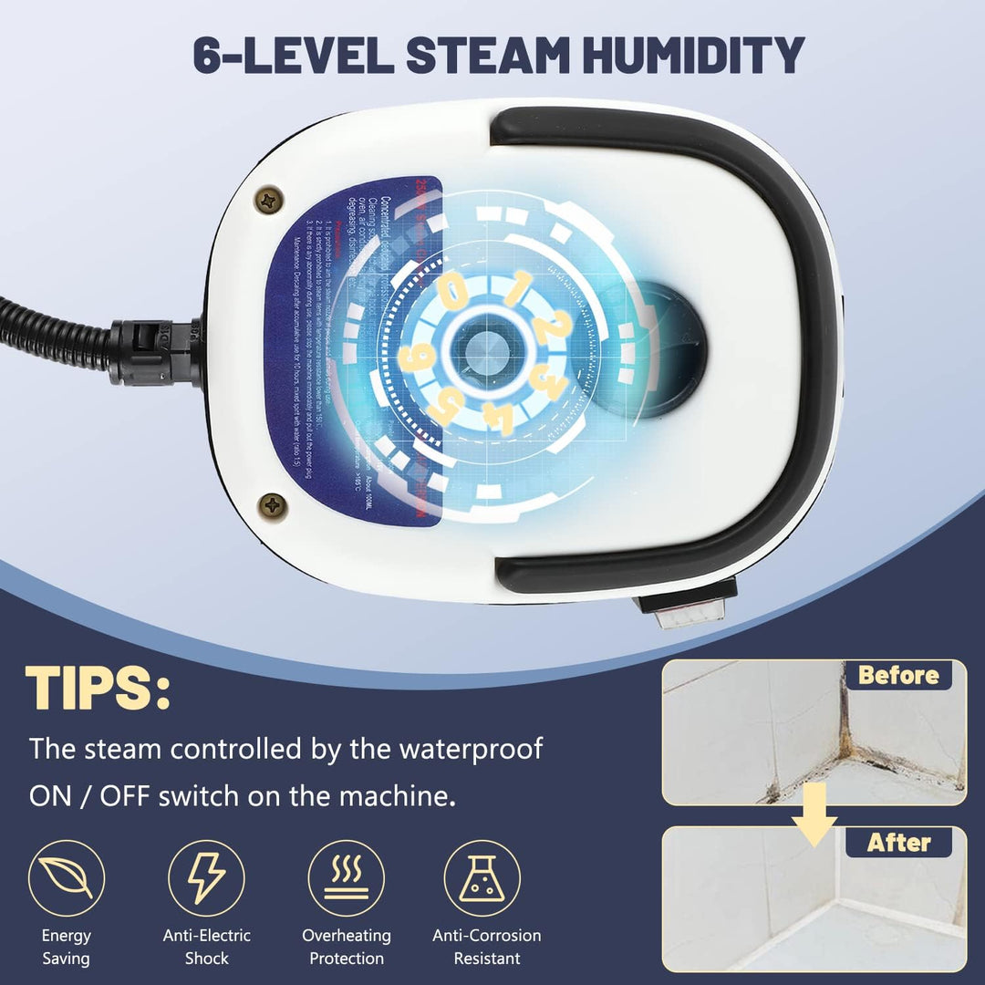 "Handheld steam cleaner, high temp, multi-surface, ergonomic design, suited for home and car use, eco-friendly cleaning."