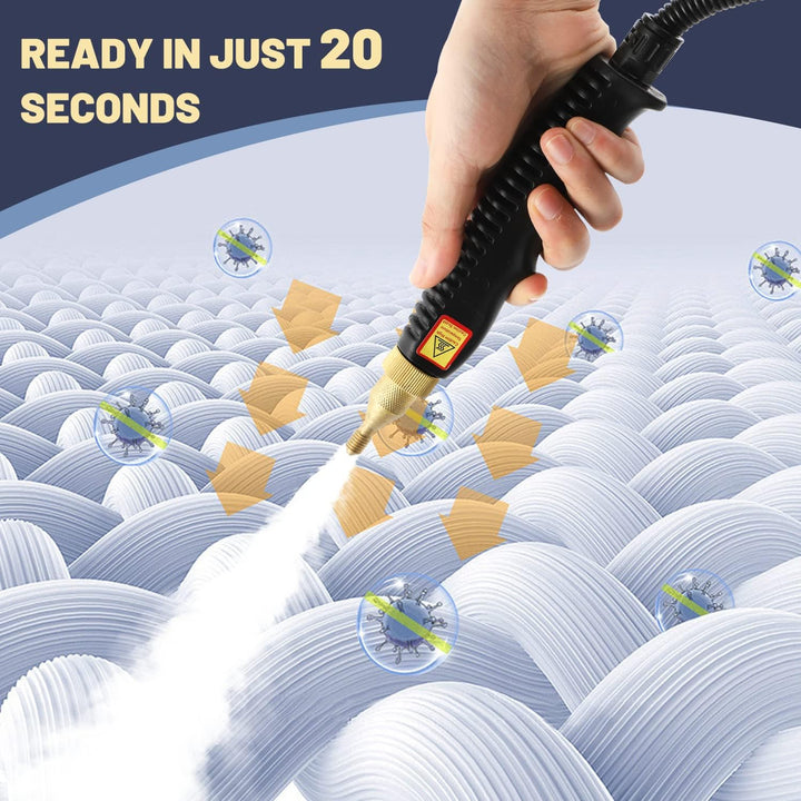 "Handheld steam cleaner, high temp, multi-surface, ergonomic design, suited for home and car use, eco-friendly cleaning."