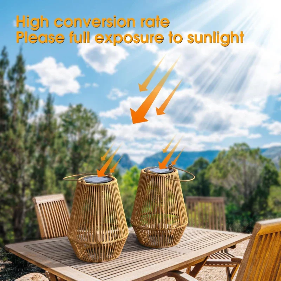 Handwoven solar lantern for gardens, featuring a brown rattan design, LED light, and eco-friendly solar-powered technology.