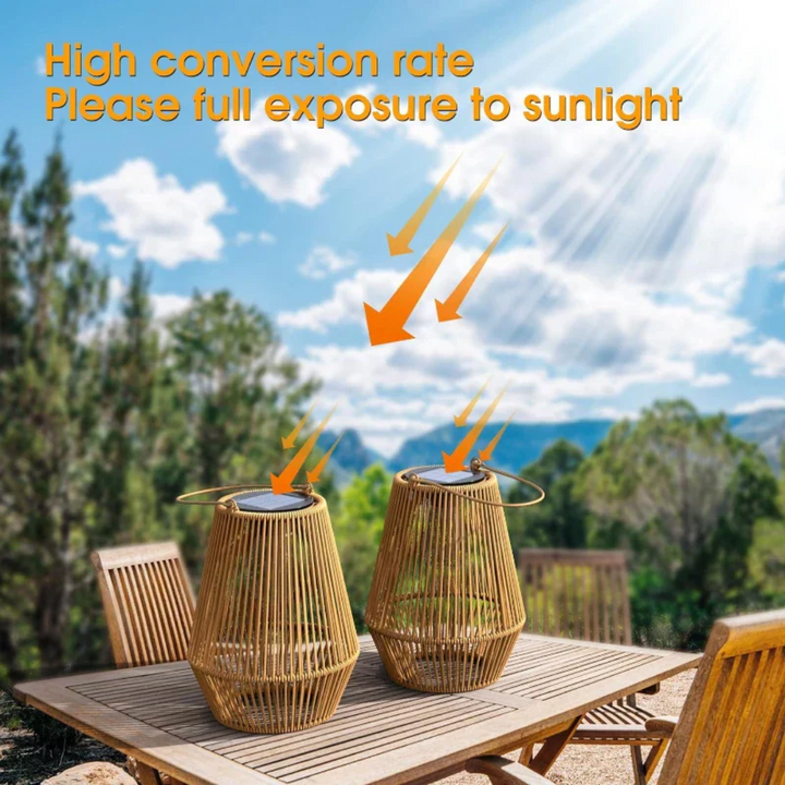 Handwoven solar lantern for gardens, featuring a brown rattan design, LED light, and eco-friendly solar-powered technology.