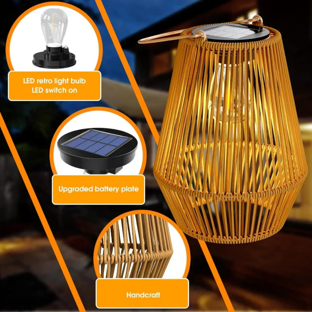 Handwoven solar lantern for gardens, featuring a brown rattan design, LED light, and eco-friendly solar-powered technology.