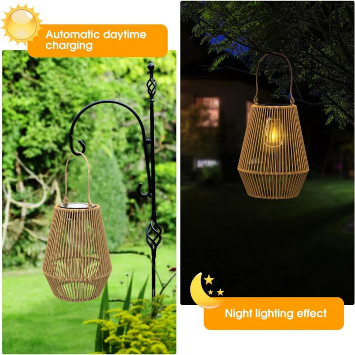 Handwoven solar lantern for gardens, featuring a brown rattan design, LED light, and eco-friendly solar-powered technology.