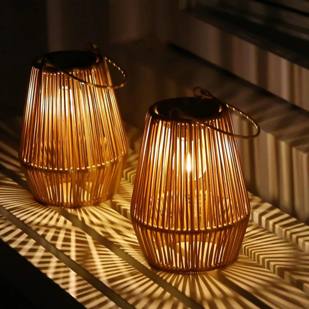 Handwoven solar lantern for gardens, featuring a brown rattan design, LED light, and eco-friendly solar-powered technology.