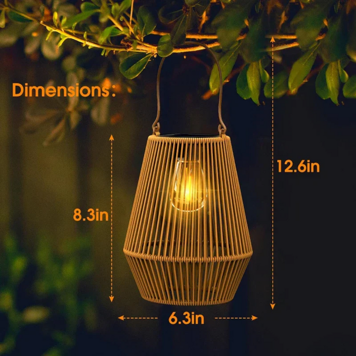 Handwoven solar lantern for gardens, featuring a brown rattan design, LED light, and eco-friendly solar-powered technology.