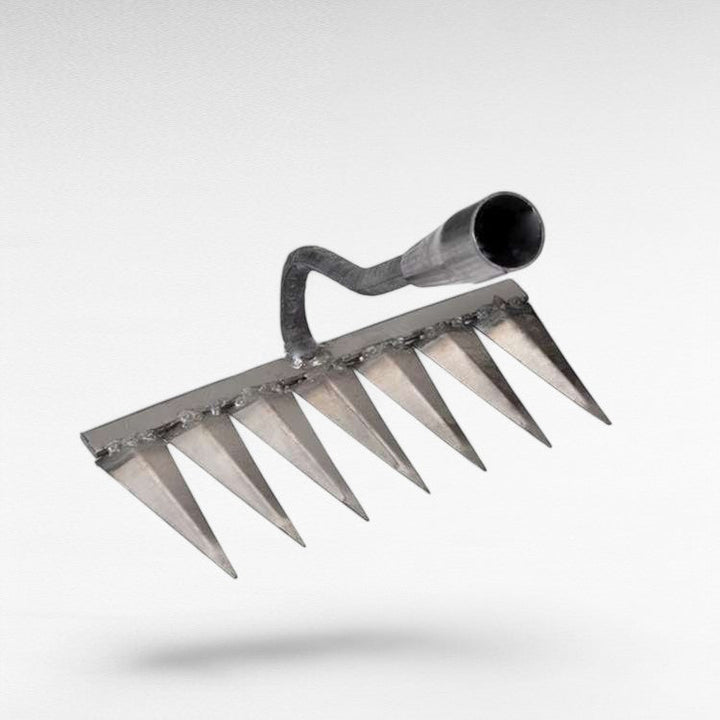 Heavy-duty stainless steel garden rake with deep-penetrating tines, ergonomic handle, and durable, rust-resistant design.