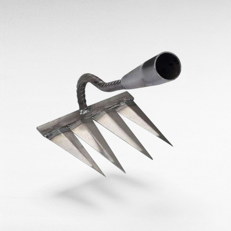 Heavy-duty stainless steel garden rake with deep-penetrating tines, ergonomic handle, and durable, rust-resistant design.