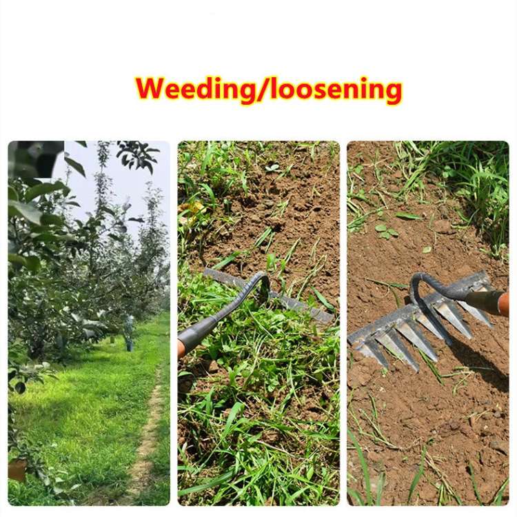 Heavy-duty stainless steel garden rake with deep-penetrating tines, ergonomic handle, and durable, rust-resistant design.
