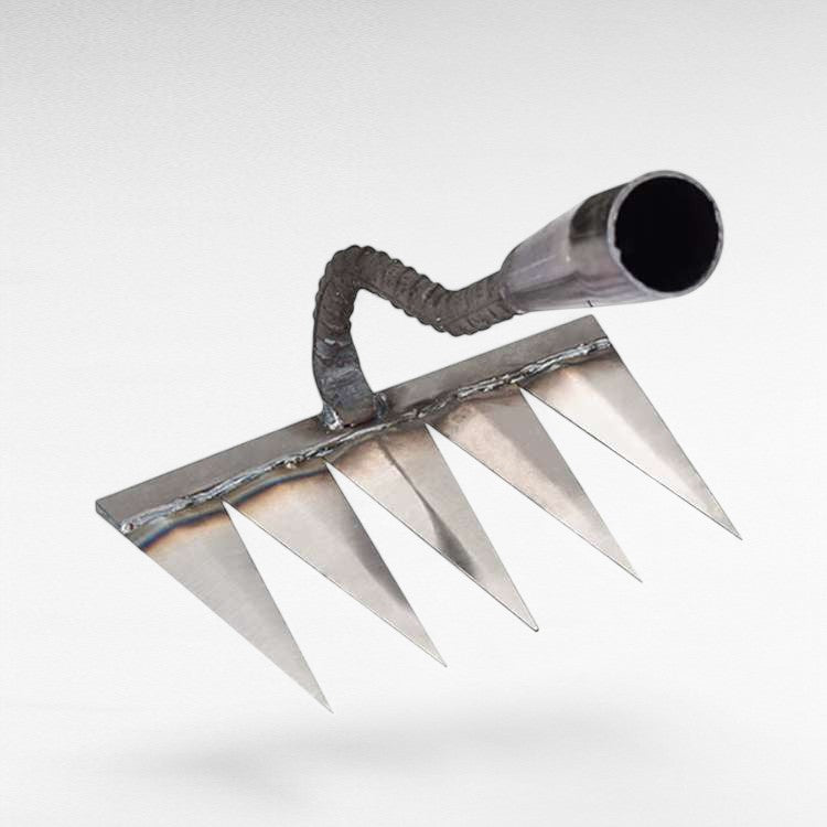 Heavy-duty stainless steel garden rake with deep-penetrating tines, ergonomic handle, and durable, rust-resistant design.
