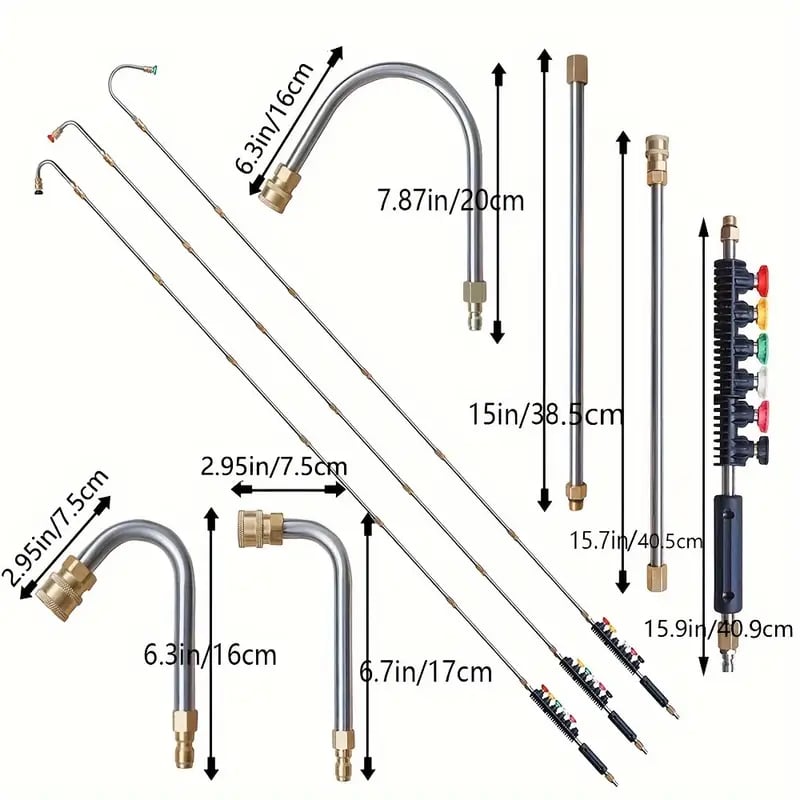 "Heavy-duty telescopic pressure washer wand set with 24-foot reach and durable brass, stainless steel construction."