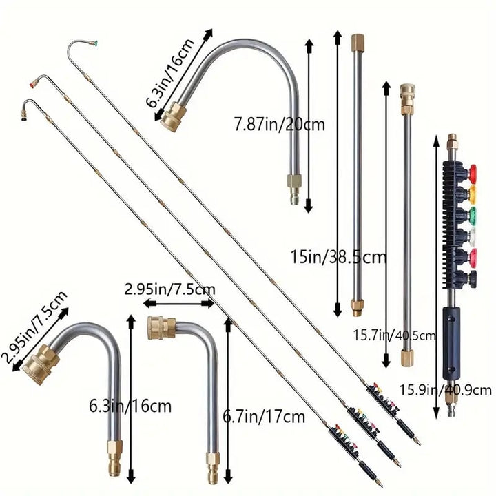 "Heavy-duty telescopic pressure washer wand set with 24-foot reach and durable brass, stainless steel construction."