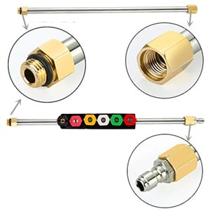 "Heavy-duty telescopic pressure washer wand set with 24-foot reach and durable brass, stainless steel construction."