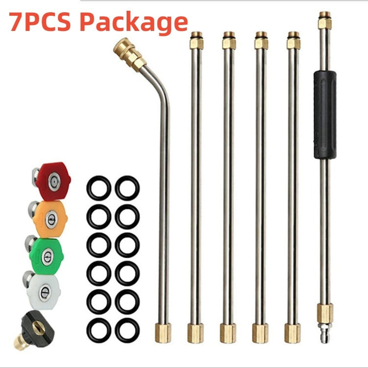 "Heavy-duty telescopic pressure washer wand set with 24-foot reach and durable brass, stainless steel construction."