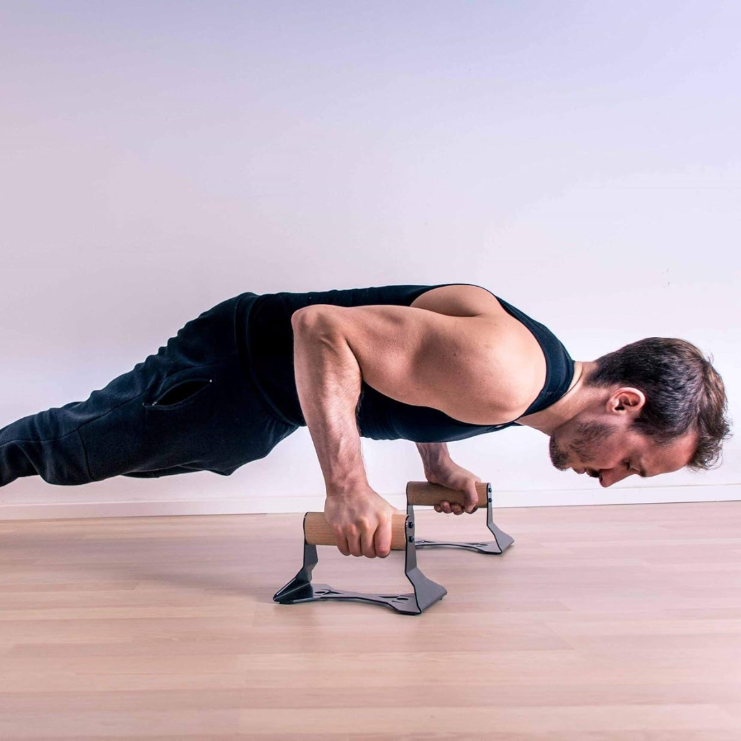 Heavy-Duty wooden push-up handles with ergonomic grip, robust steel frame, and non-slip base for stable home and gym workouts