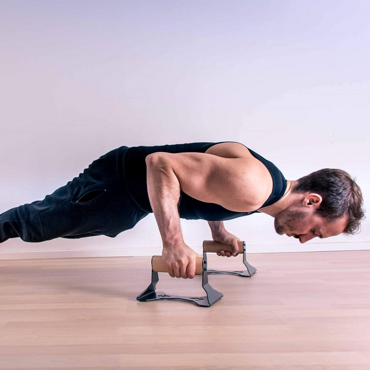 Heavy-Duty wooden push-up handles with ergonomic grip, robust steel frame, and non-slip base for stable home and gym workouts