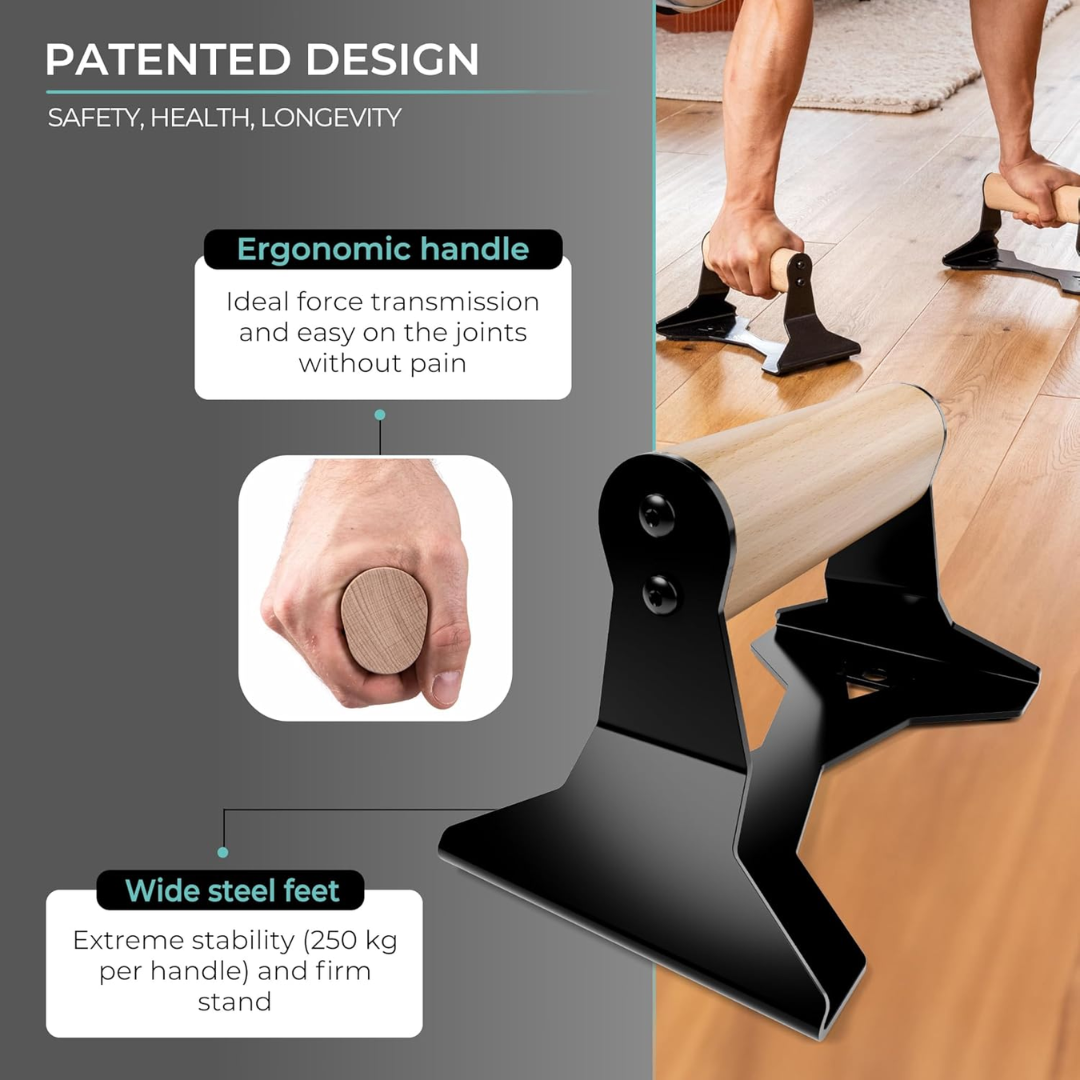 Heavy-Duty wooden push-up handles with ergonomic grip, robust steel frame, and non-slip base for stable home and gym workouts