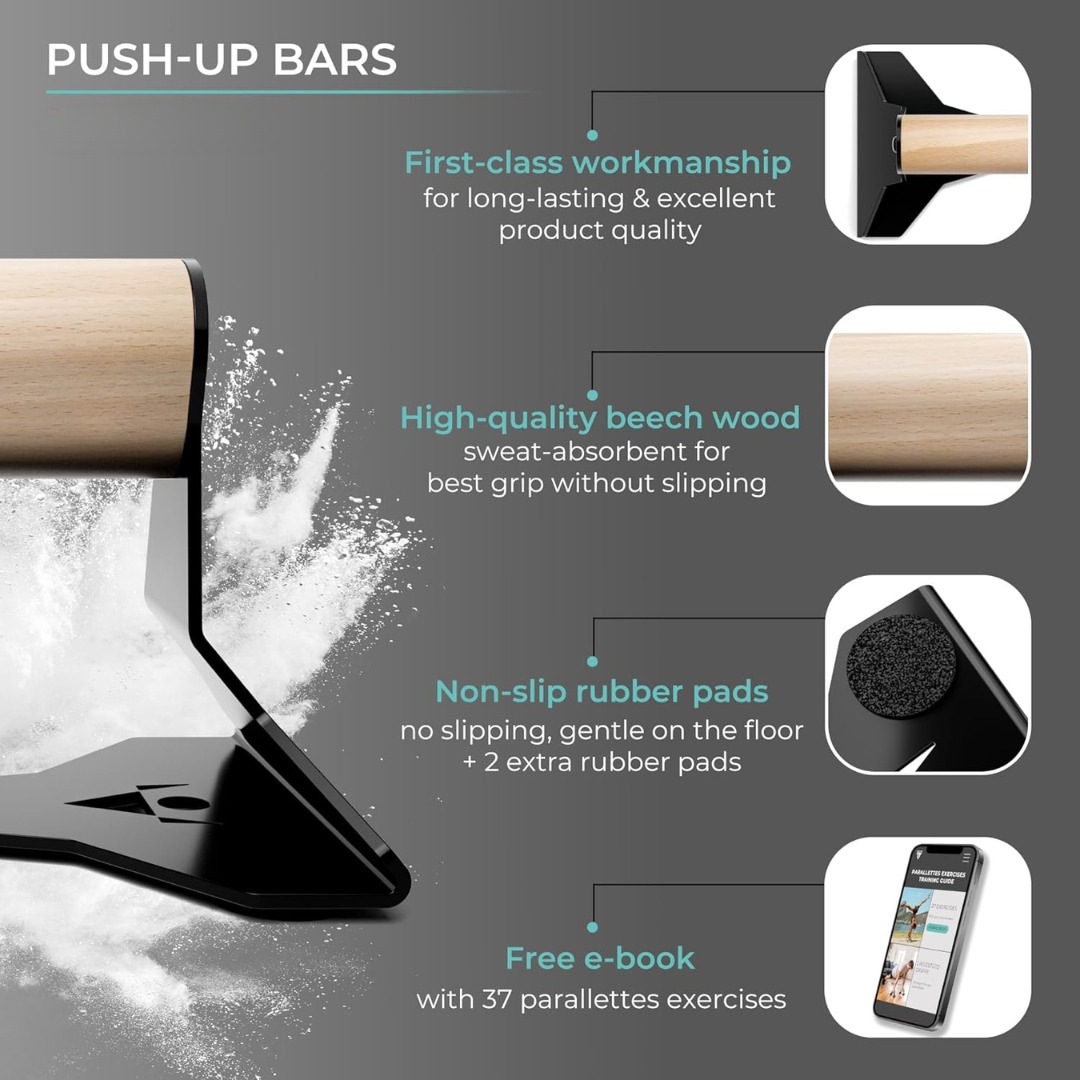 Heavy-Duty wooden push-up handles with ergonomic grip, robust steel frame, and non-slip base for stable home and gym workouts