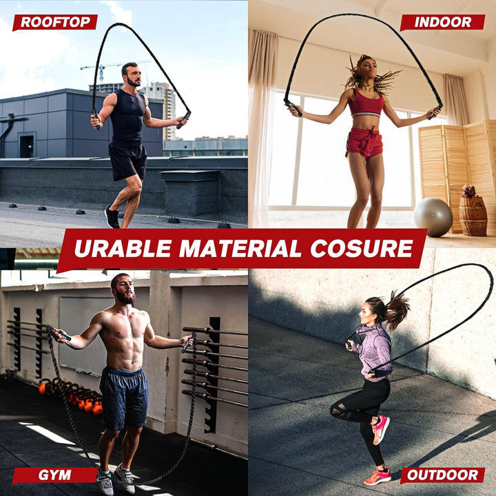 Heavy weighted jump rope 1.2kg to 2.2kg, durable, adjustable length, sleek handles, ideal for strength and cardio workouts.