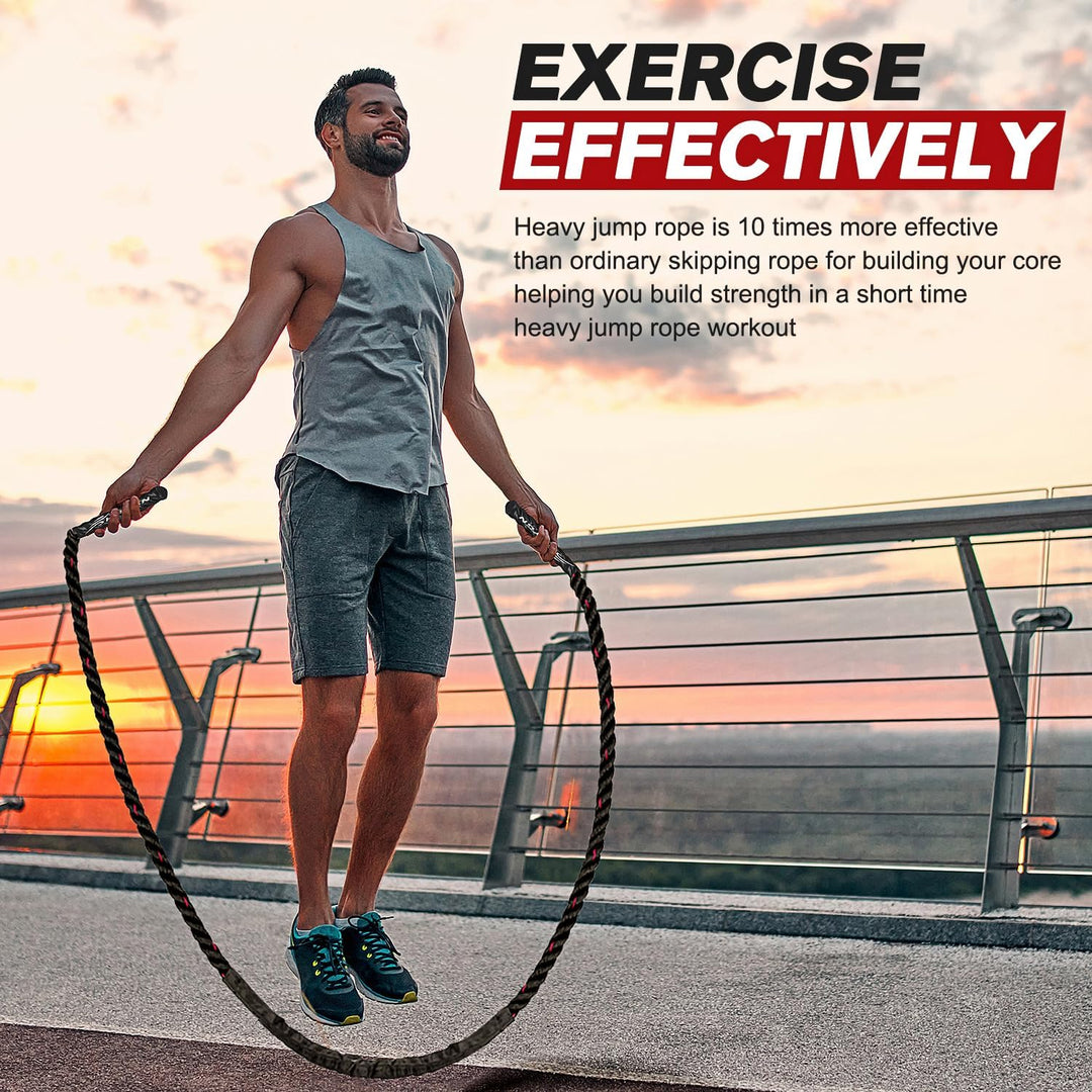 Heavy weighted jump rope 1.2kg to 2.2kg, durable, adjustable length, sleek handles, ideal for strength and cardio workouts.