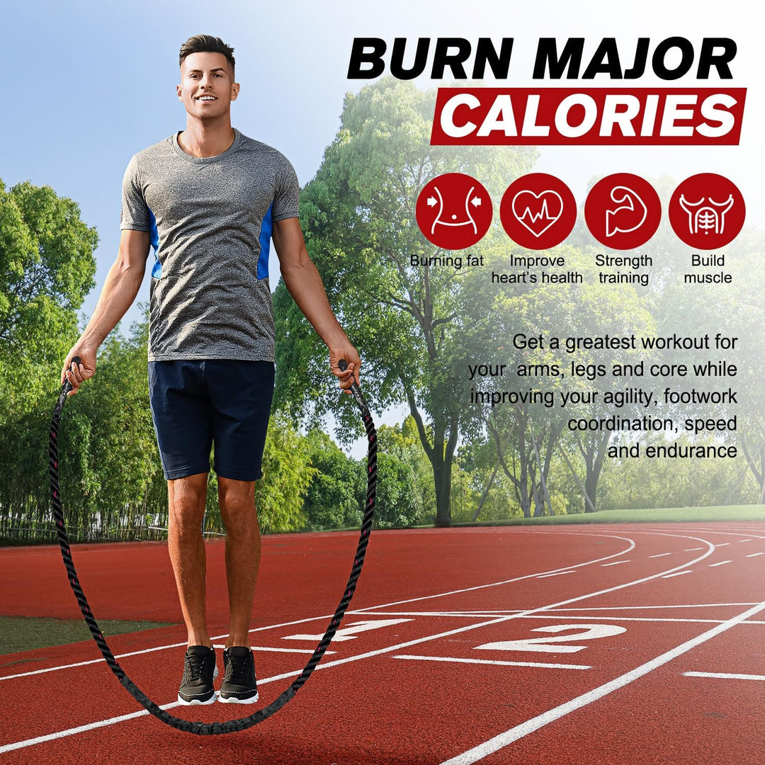 Heavy weighted jump rope 1.2kg to 2.2kg, durable, adjustable length, sleek handles, ideal for strength and cardio workouts.
