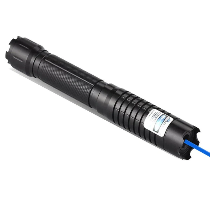"High-power blue tactical laser torch for outdoor use, features durable aluminum body and adjustable focus."
