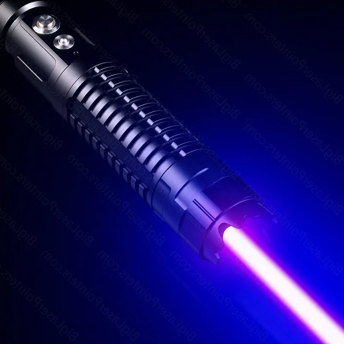 "High-power blue tactical laser torch for outdoor use, features durable aluminum body and adjustable focus."