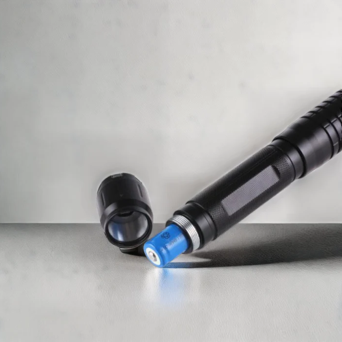 "High-power blue tactical laser torch for outdoor use, features durable aluminum body and adjustable focus."