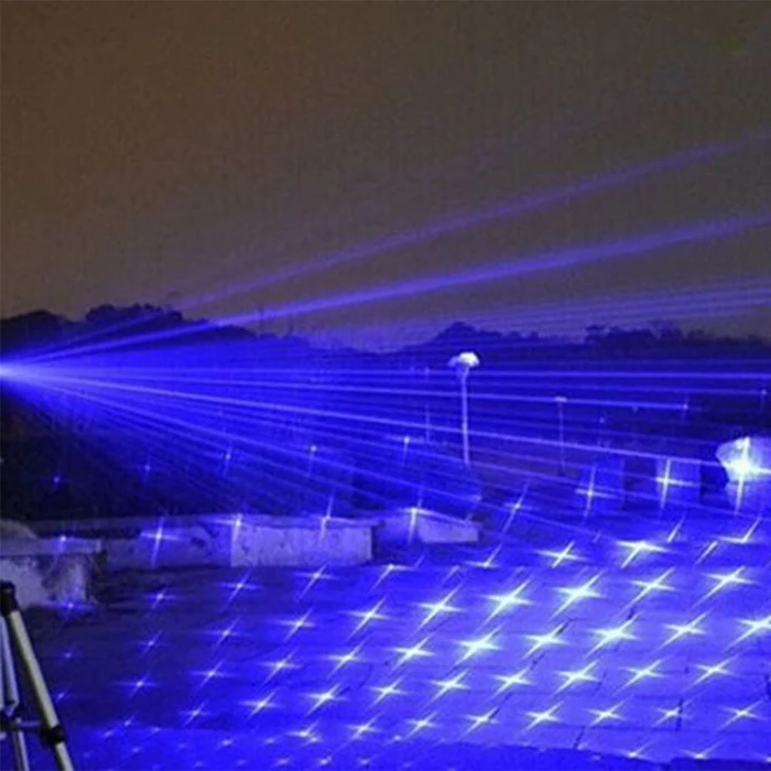 "High-power blue tactical laser torch for outdoor use, features durable aluminum body and adjustable focus."