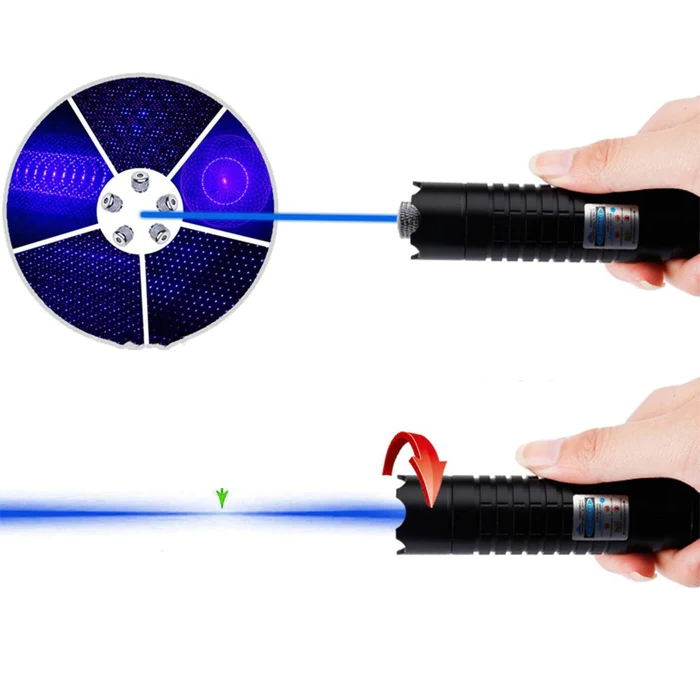 "High-power blue tactical laser torch for outdoor use, features durable aluminum body and adjustable focus."