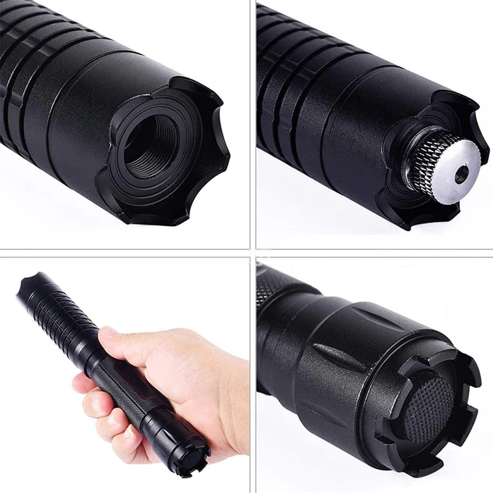 "High-power blue tactical laser torch for outdoor use, features durable aluminum body and adjustable focus."
