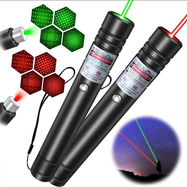 "High power green laser pointer with silver star cap; ideal for presentations and stargazing. USB rechargeable and unisex."