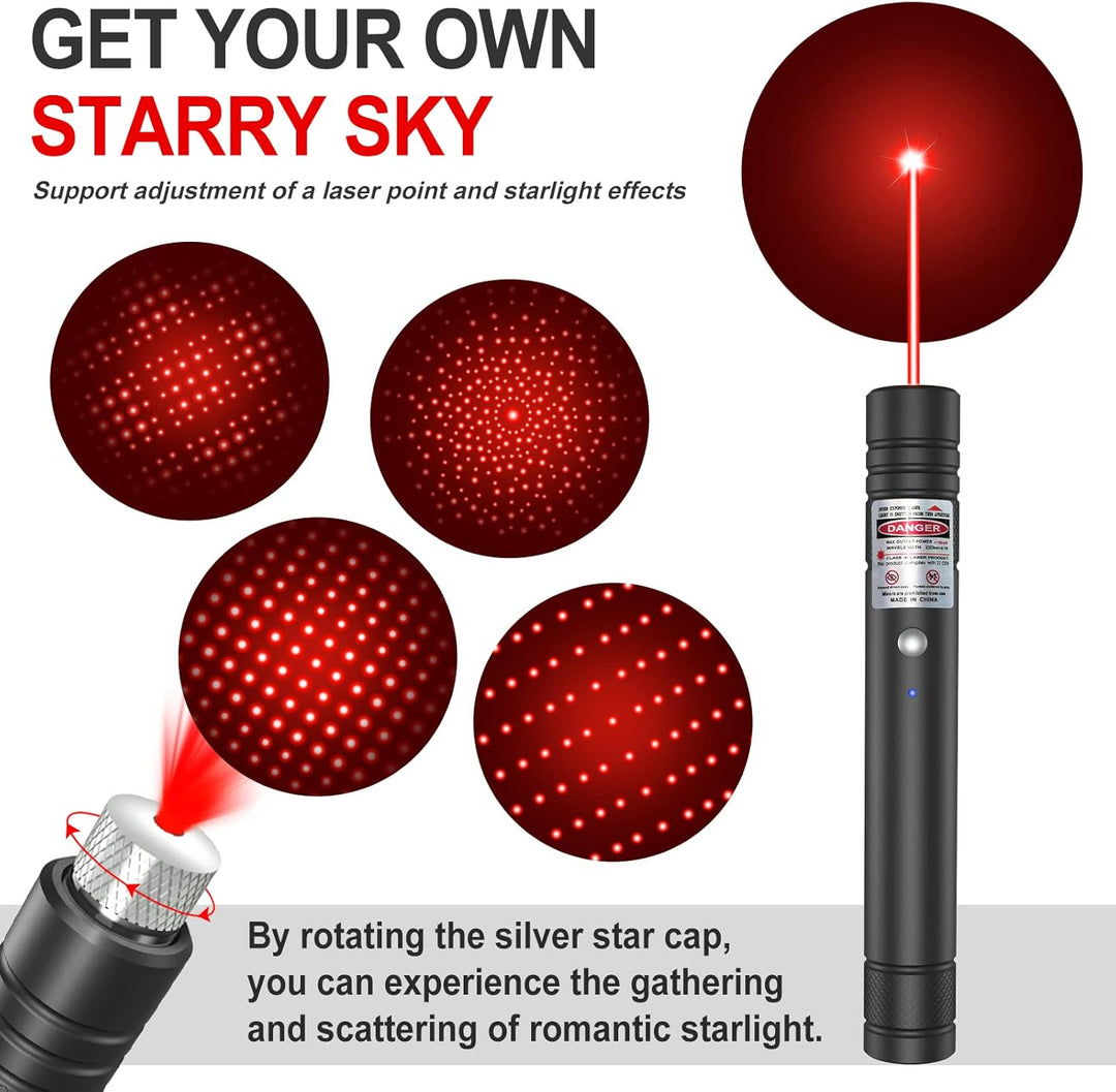 "High power green laser pointer with silver star cap; ideal for presentations and stargazing. USB rechargeable and unisex."