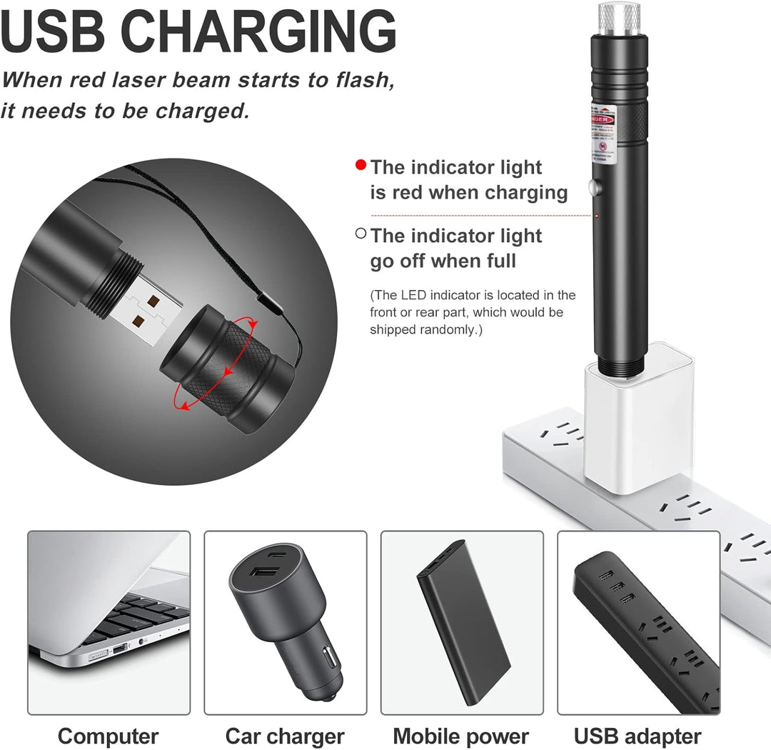 "High power green laser pointer with silver star cap; ideal for presentations and stargazing. USB rechargeable and unisex."