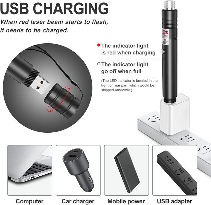 "High power green laser pointer with silver star cap; ideal for presentations and stargazing. USB rechargeable and unisex."