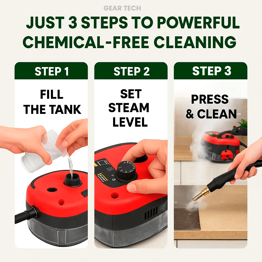 High-power steam cleaner with large capacity tank for home and car cleaning, featuring adjustable steam control and long reac