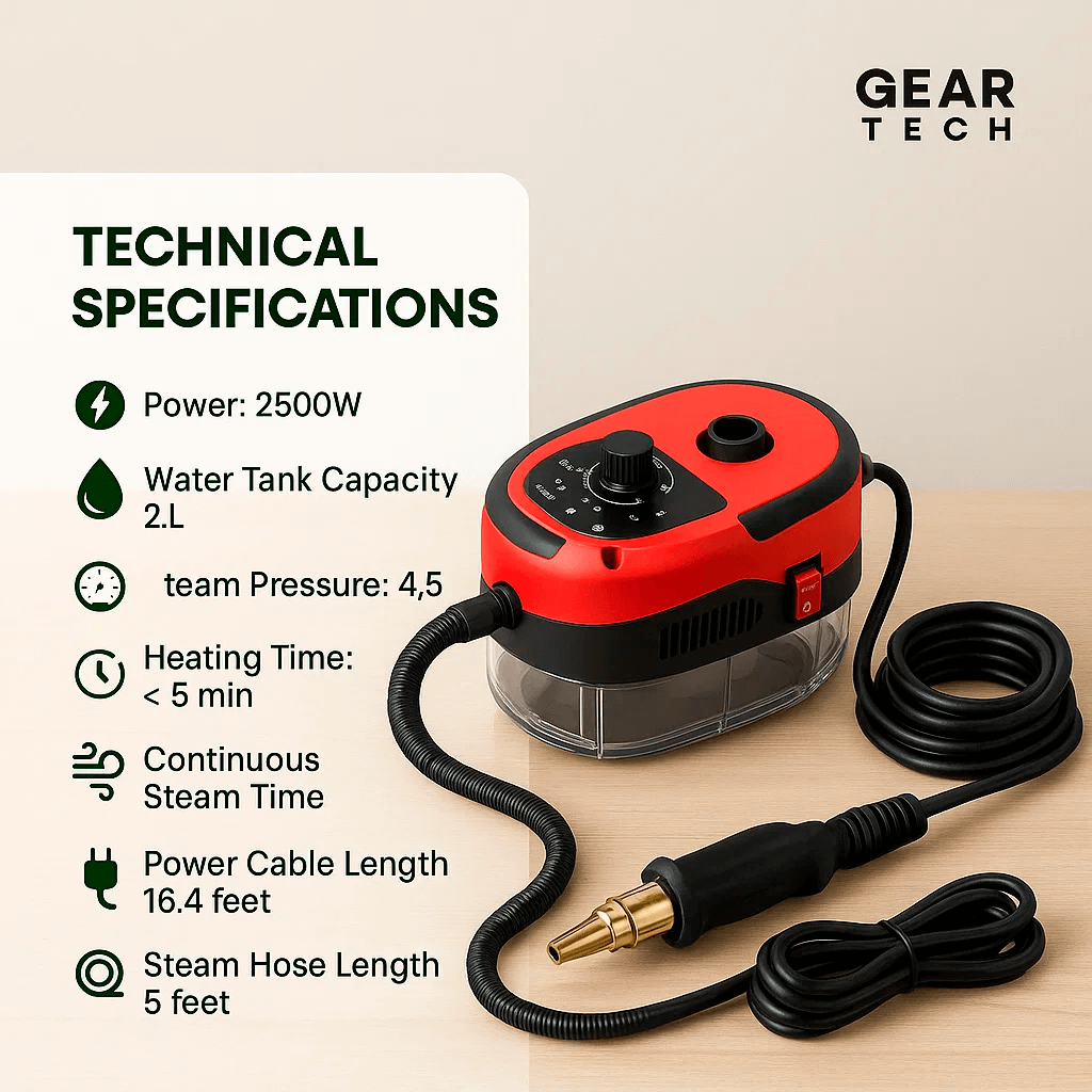 High-power steam cleaner with large capacity tank for home and car cleaning, featuring adjustable steam control and long reac