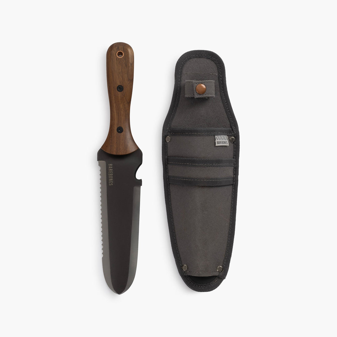 "Hori Hori Classic Gardening Tool with serrated stainless steel blade and ergonomic walnut handle for digging and weeding."