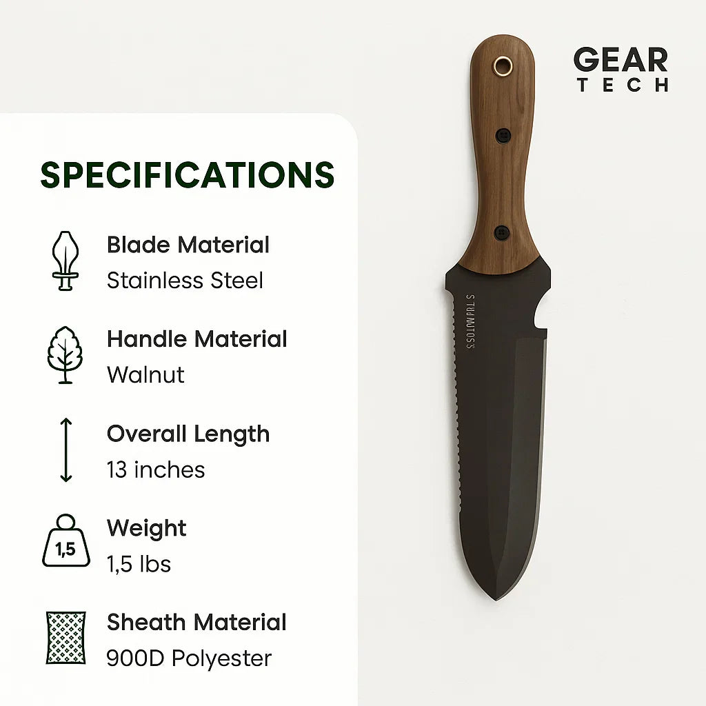 "Hori Hori Classic Gardening Tool with serrated stainless steel blade and ergonomic walnut handle for digging and weeding."