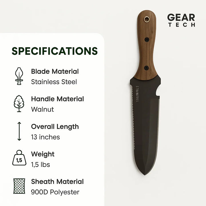"Hori Hori Classic Gardening Tool with serrated stainless steel blade and ergonomic walnut handle for digging and weeding."