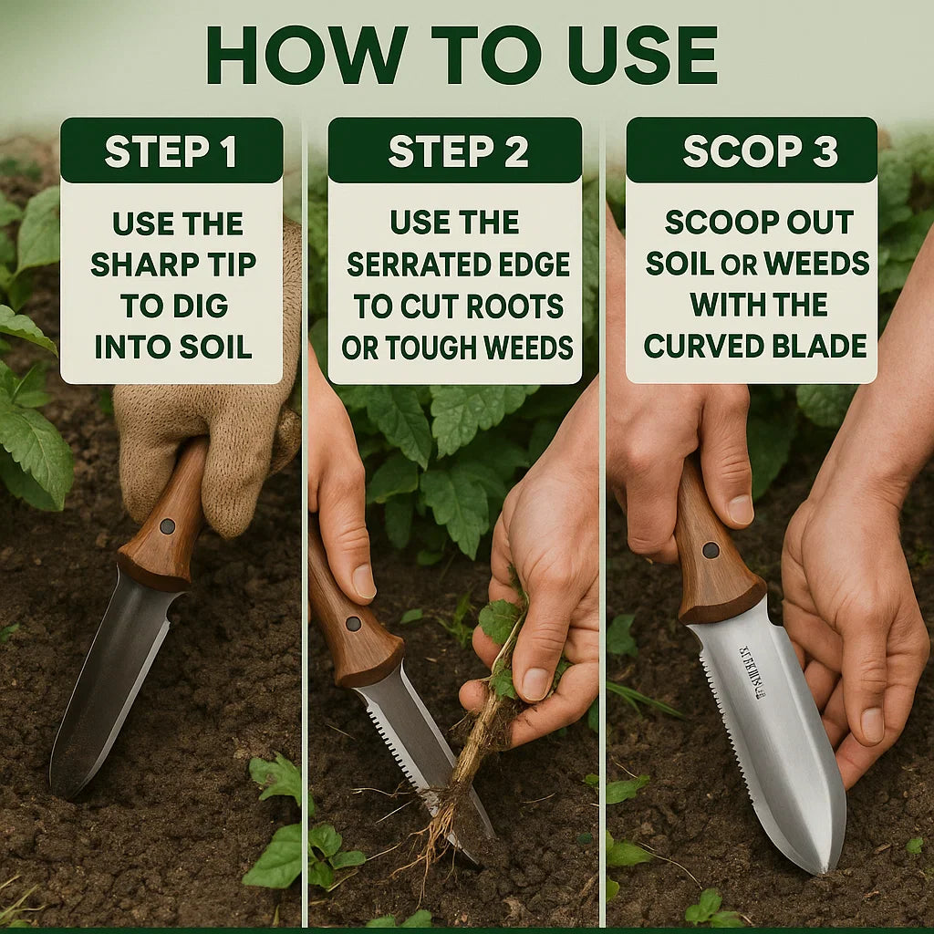 "Hori Hori Classic Gardening Tool with serrated stainless steel blade and ergonomic walnut handle for digging and weeding."