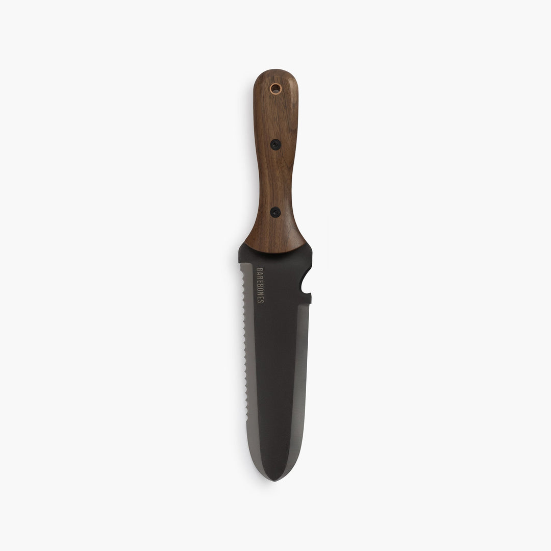 "Hori Hori Classic Gardening Tool with serrated stainless steel blade and ergonomic walnut handle for digging and weeding."