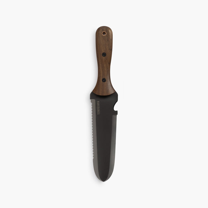 "Hori Hori Classic Gardening Tool with serrated stainless steel blade and ergonomic walnut handle for digging and weeding."