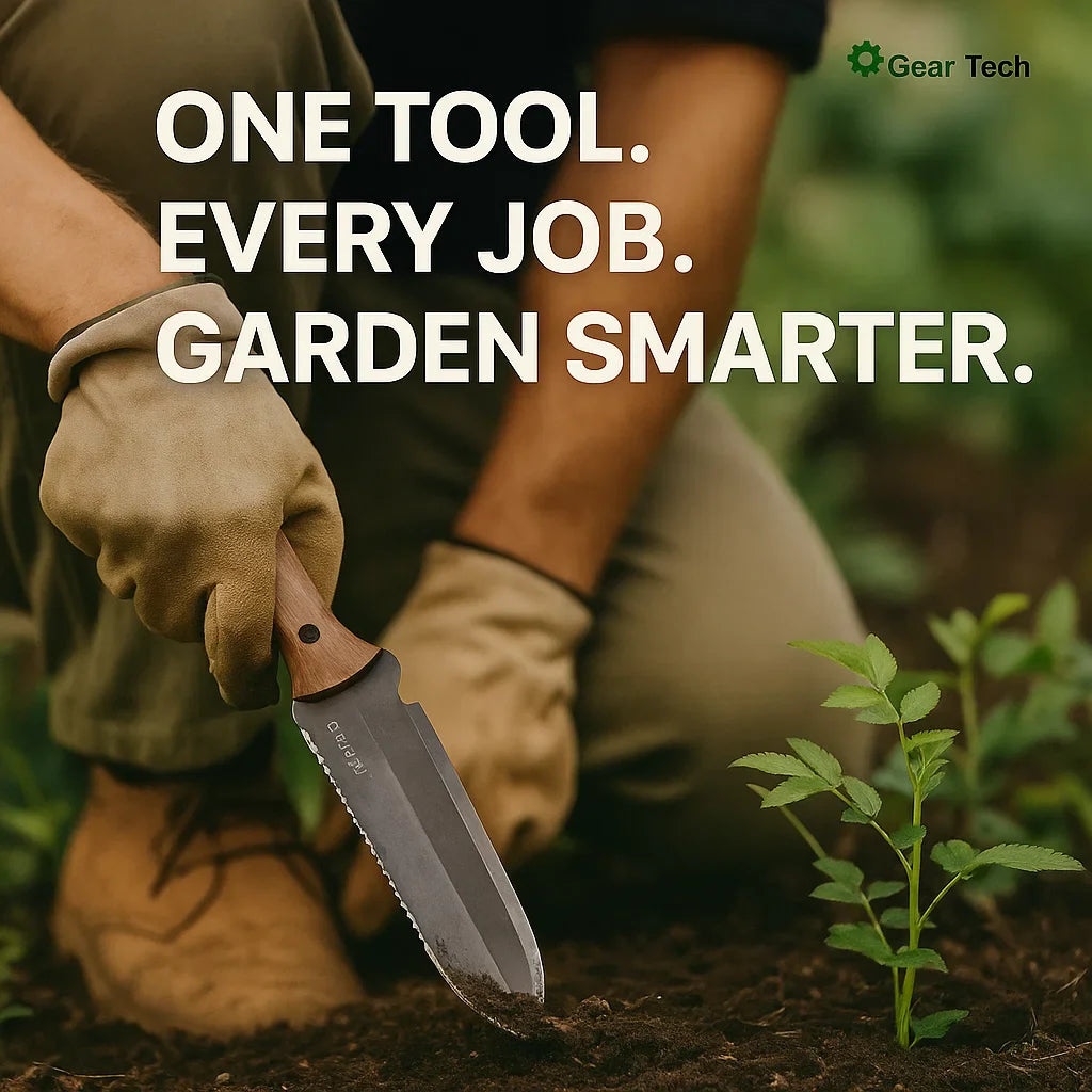 "Hori Hori Classic Gardening Tool with serrated stainless steel blade and ergonomic walnut handle for digging and weeding."