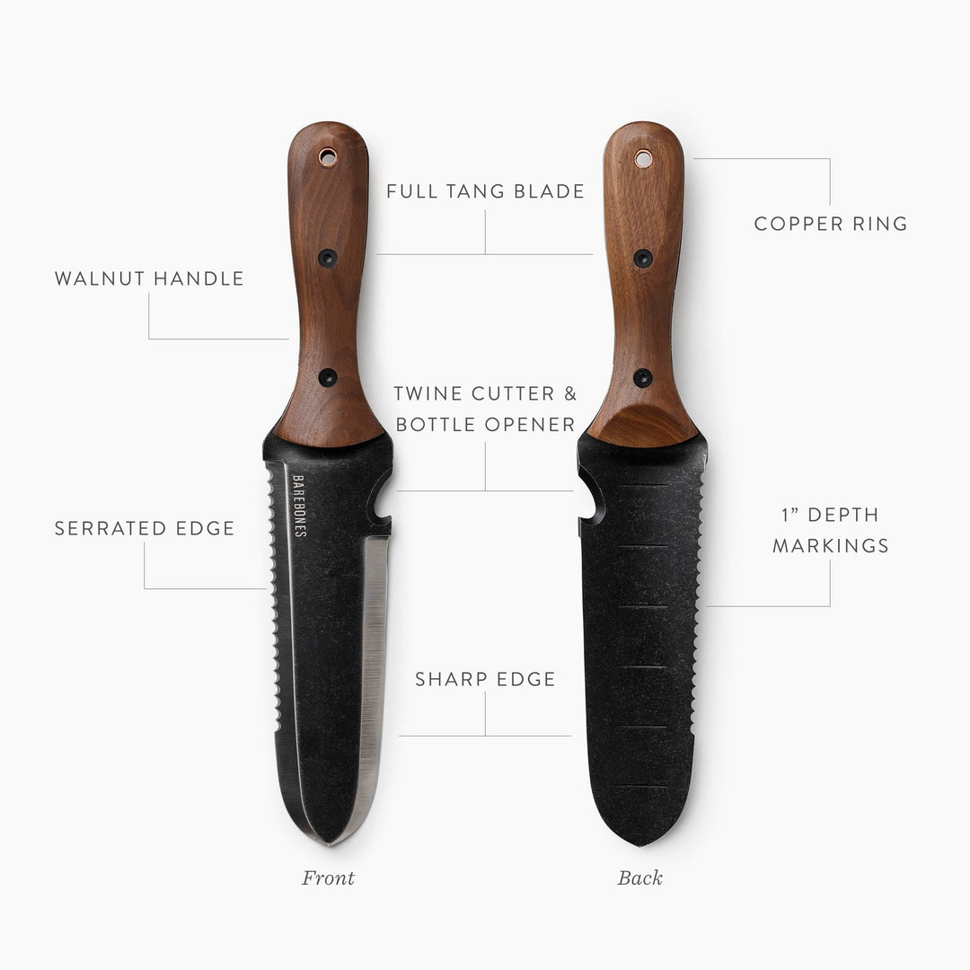 "Hori Hori Classic Gardening Tool with serrated stainless steel blade and ergonomic walnut handle for digging and weeding."