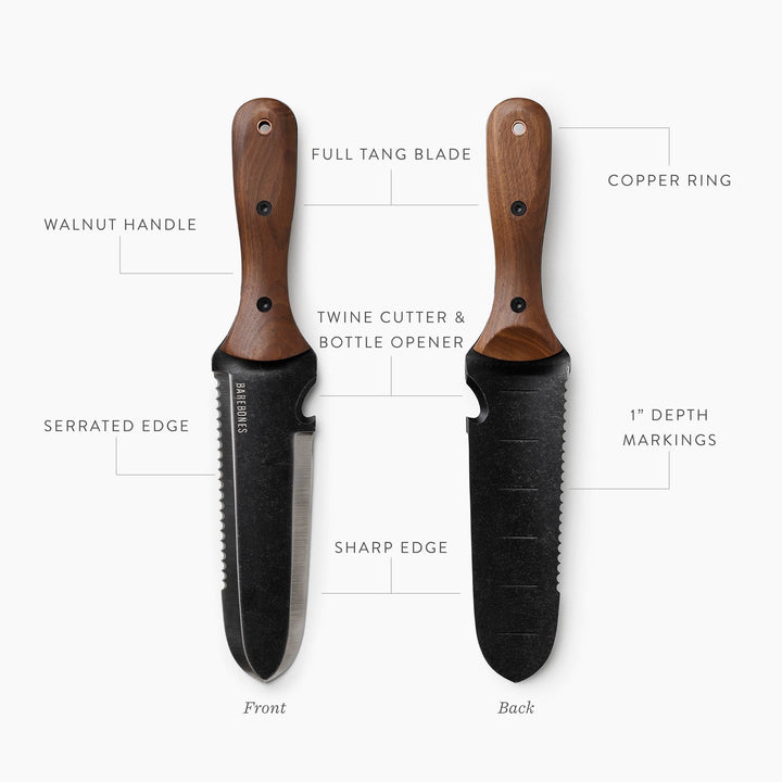 "Hori Hori Classic Gardening Tool with serrated stainless steel blade and ergonomic walnut handle for digging and weeding."