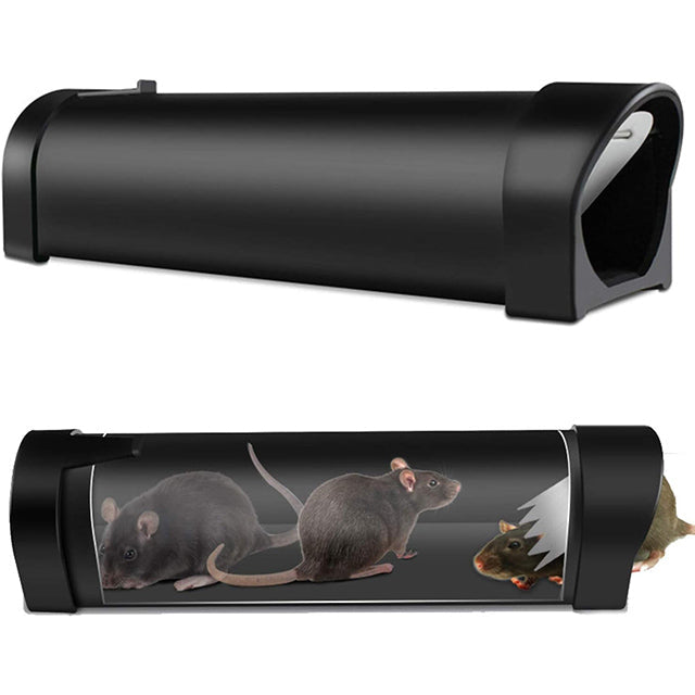 "Humane rat trap cage with self-locking door, sleek black ABS plastic, safe for kids and pets, ideal for indoor rodent contro