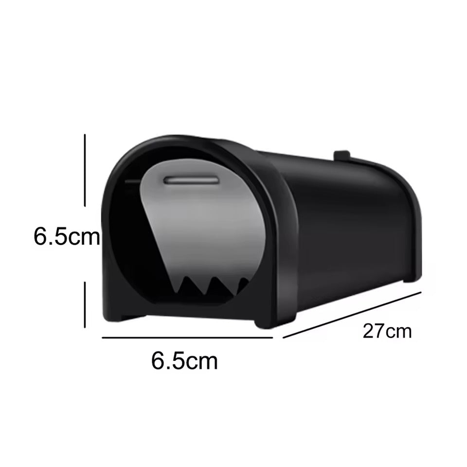 "Humane rat trap cage with self-locking door, sleek black ABS plastic, safe for kids and pets, ideal for indoor rodent contro