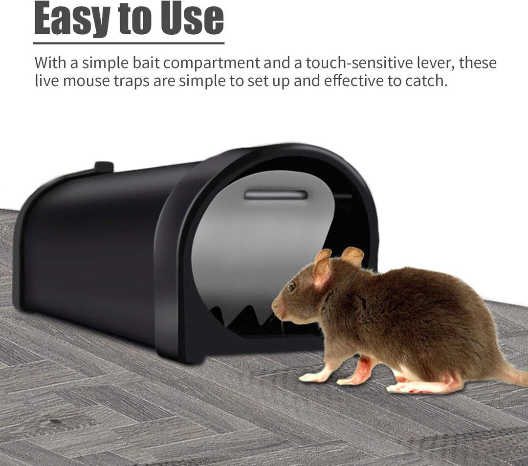 "Humane rat trap cage with self-locking door, sleek black ABS plastic, safe for kids and pets, ideal for indoor rodent contro